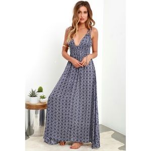Navy Blue Print Tie-Strap Maxi Dress